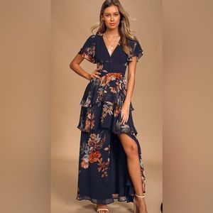 Lulus Midnight Mood Navy Blue Floral Print Tiered Maxi Dress